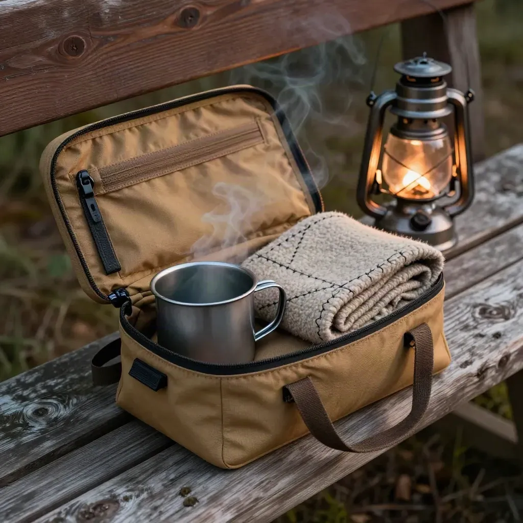 Tan camp kit pouch with mug, blanket, peg bag and lantern on a wooden bench.