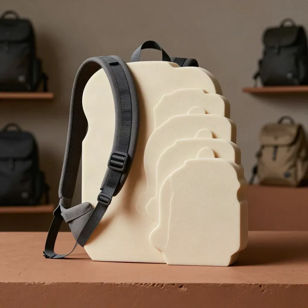 Nested backpack fit guide silhouettes with foam inserts and strap sample on terracotta plinth.