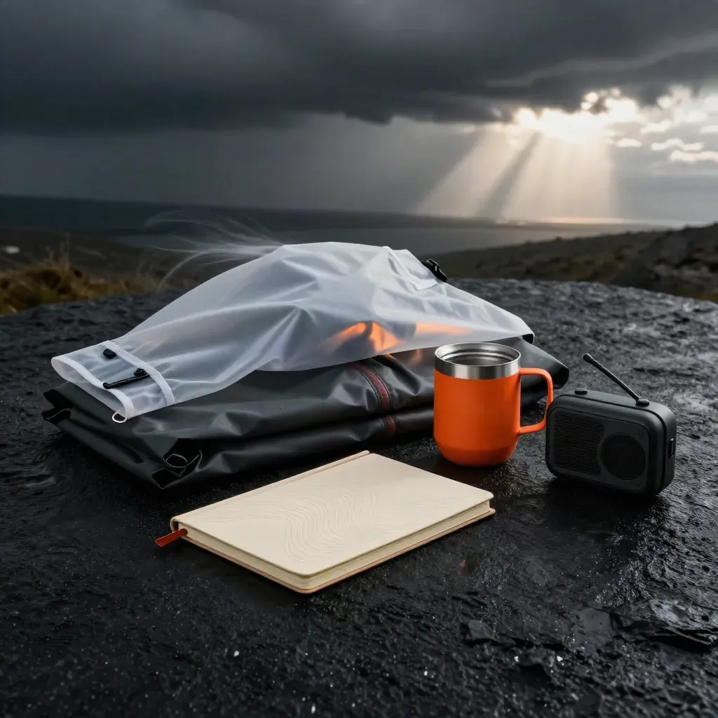 Trail-help bundle with rain shell, orange mug, topo notebook, and radio case in dramatic storm light.