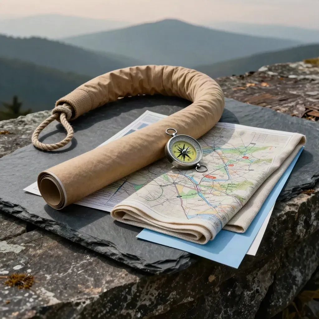 Kraft map tube, compass, cord loop and folded linen on slate in cool dawn mist.