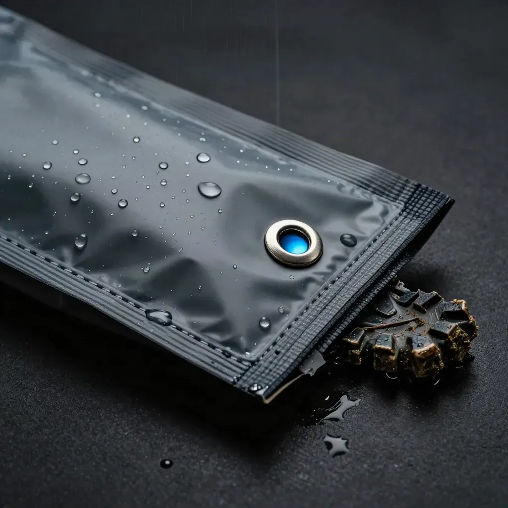 Rain-slick outdoor guide packet with boot tread and metal grommet on a dark studio surface.