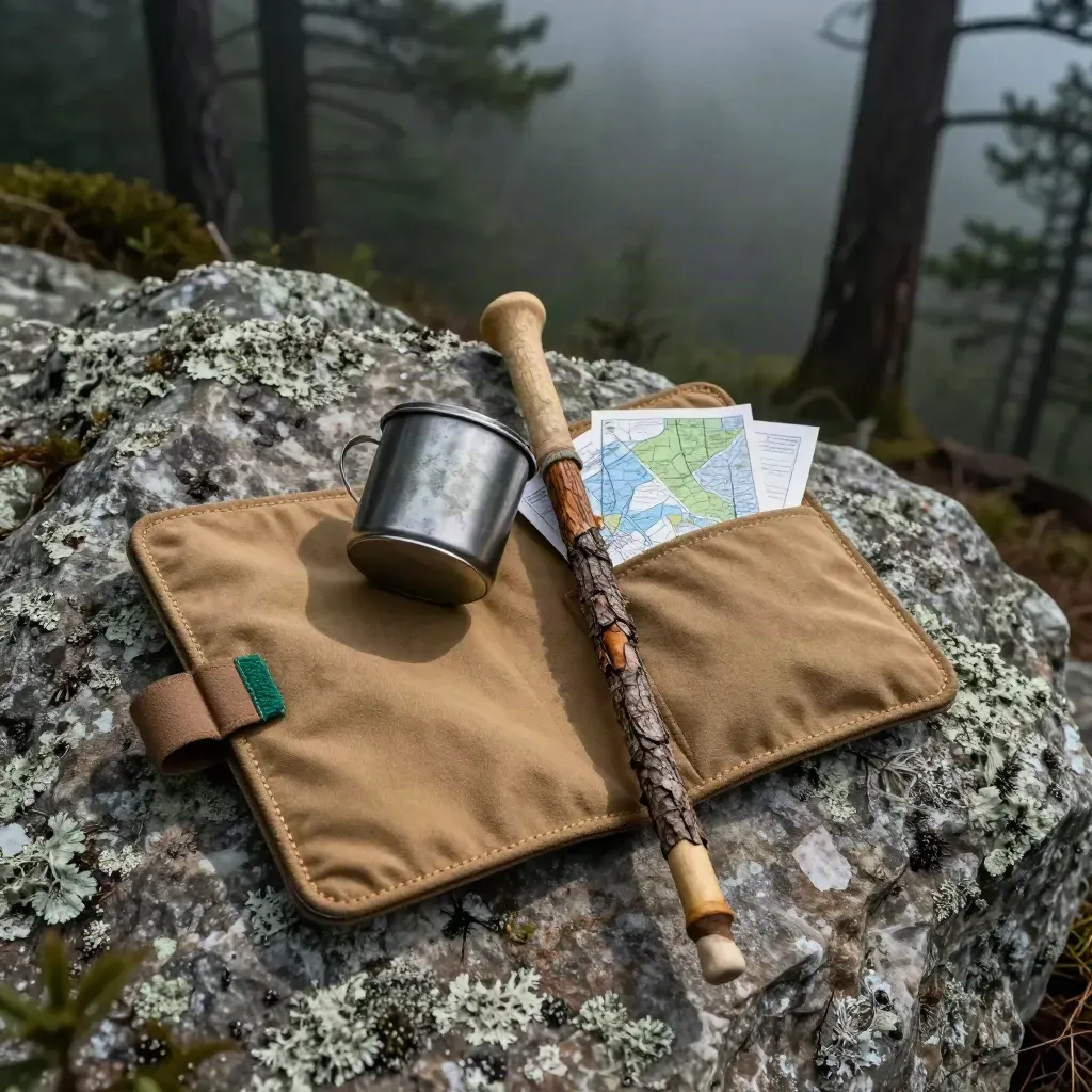Weathered trail folio on lichen rock with tin cup, stick, and foggy pines.