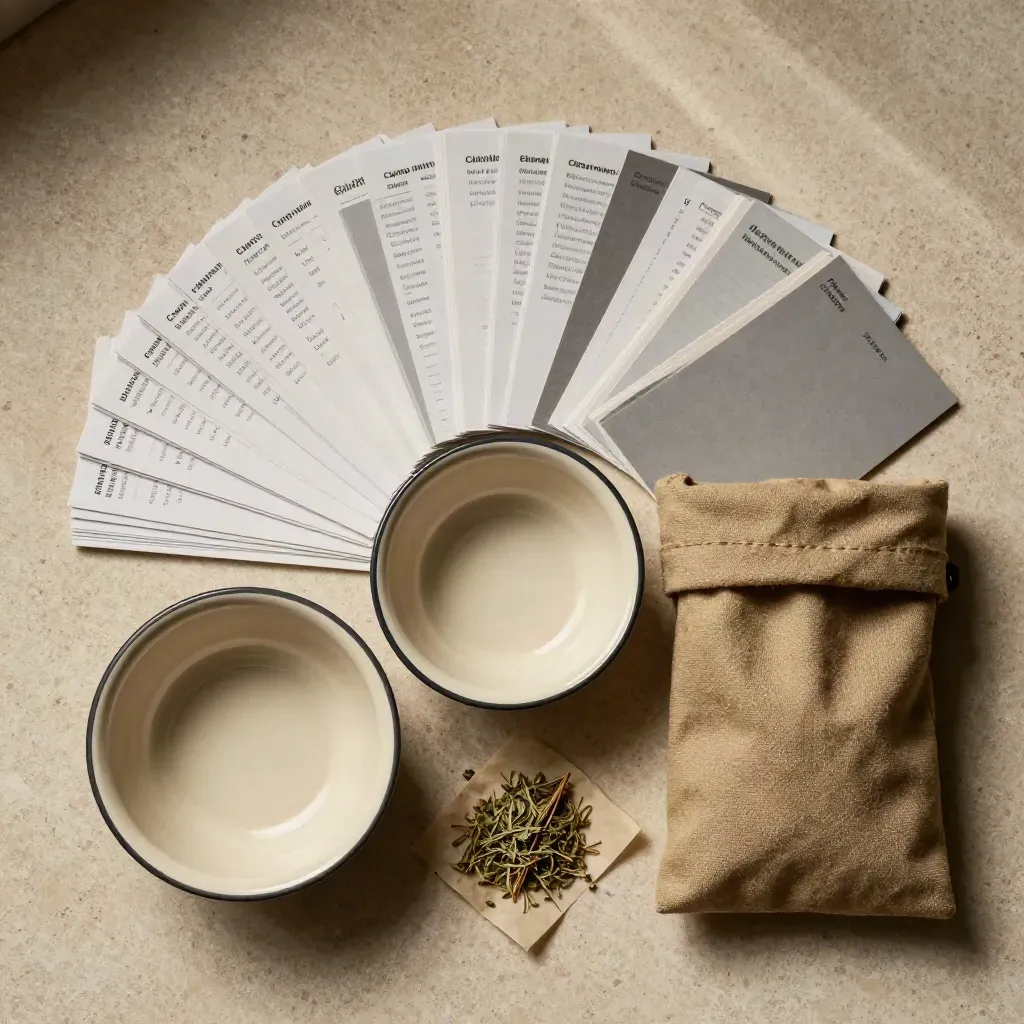 Overhead flatlay of a camp meal plan set with recipe cards, enamel bowl, herbs, and canvas pouch on stone.