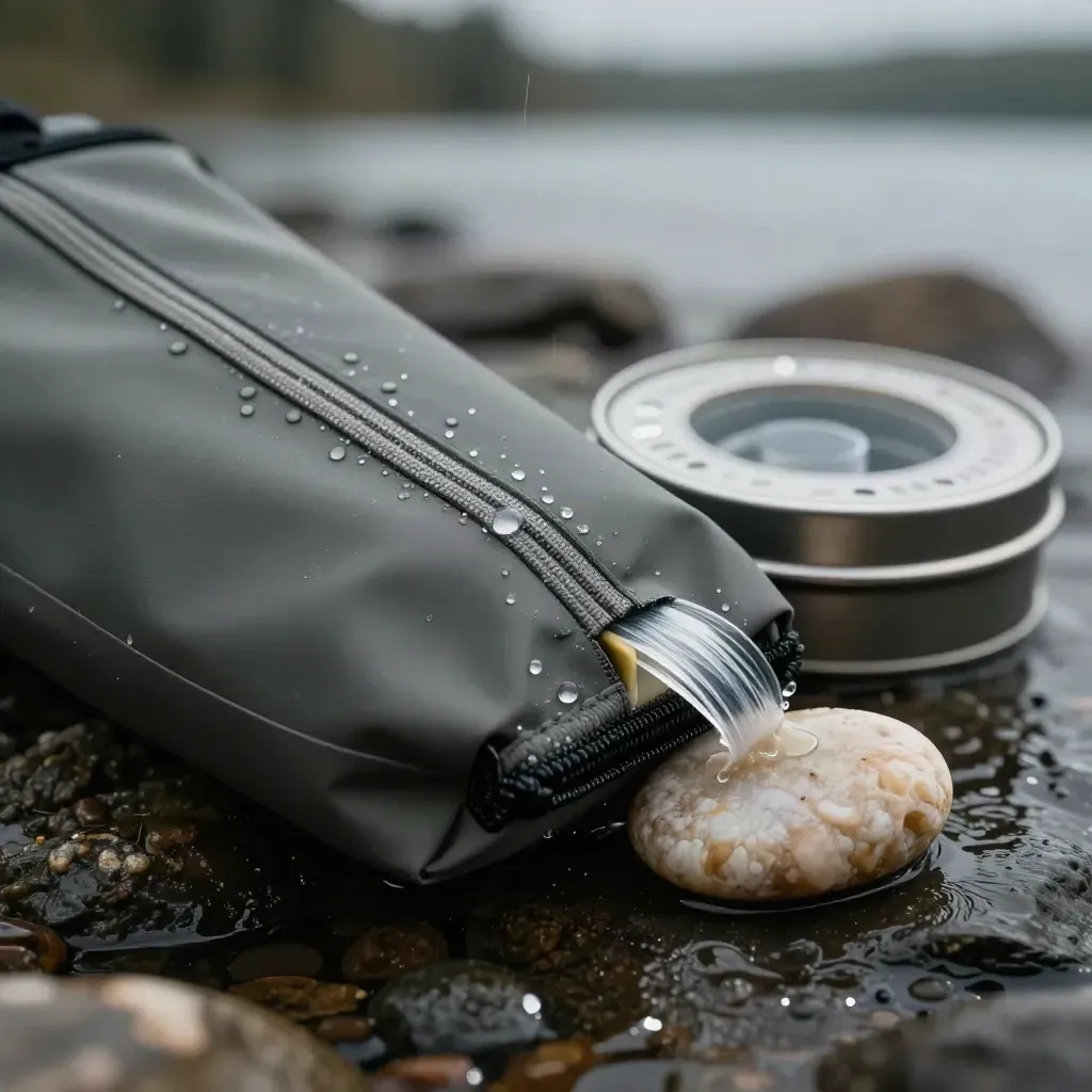 Macro fishing kit by water: pouch seam, tackle tin, leader spool, and wet river stone.
