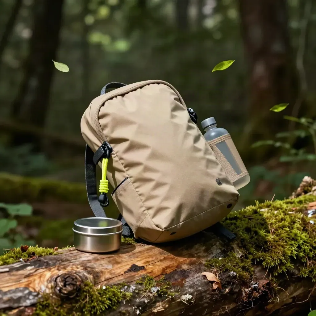 Child hike pack with snack tin, cord loop and tiny bottle on a sunlit log with fluttering leaves.