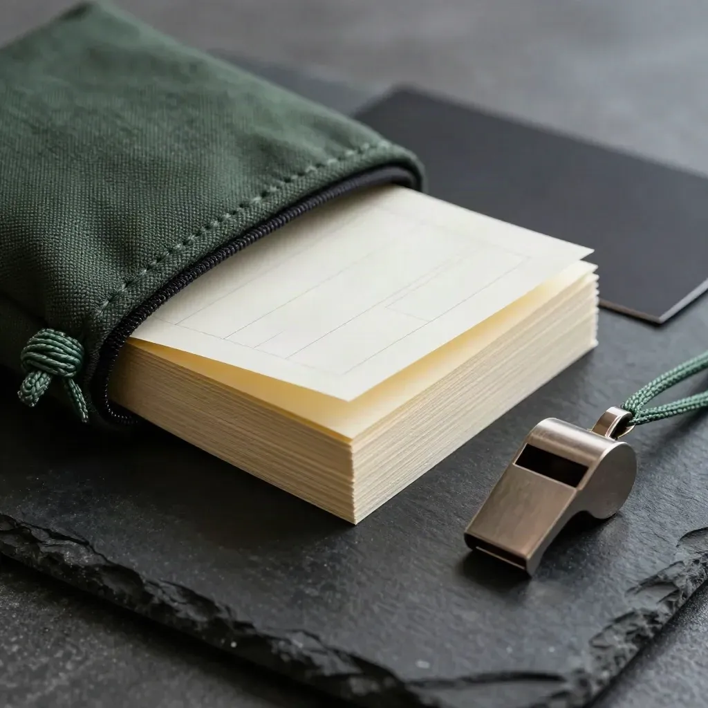 Macro product shot of a meetup host toolkit bundle with cards, whistle, pouch and notelets on dark stone.