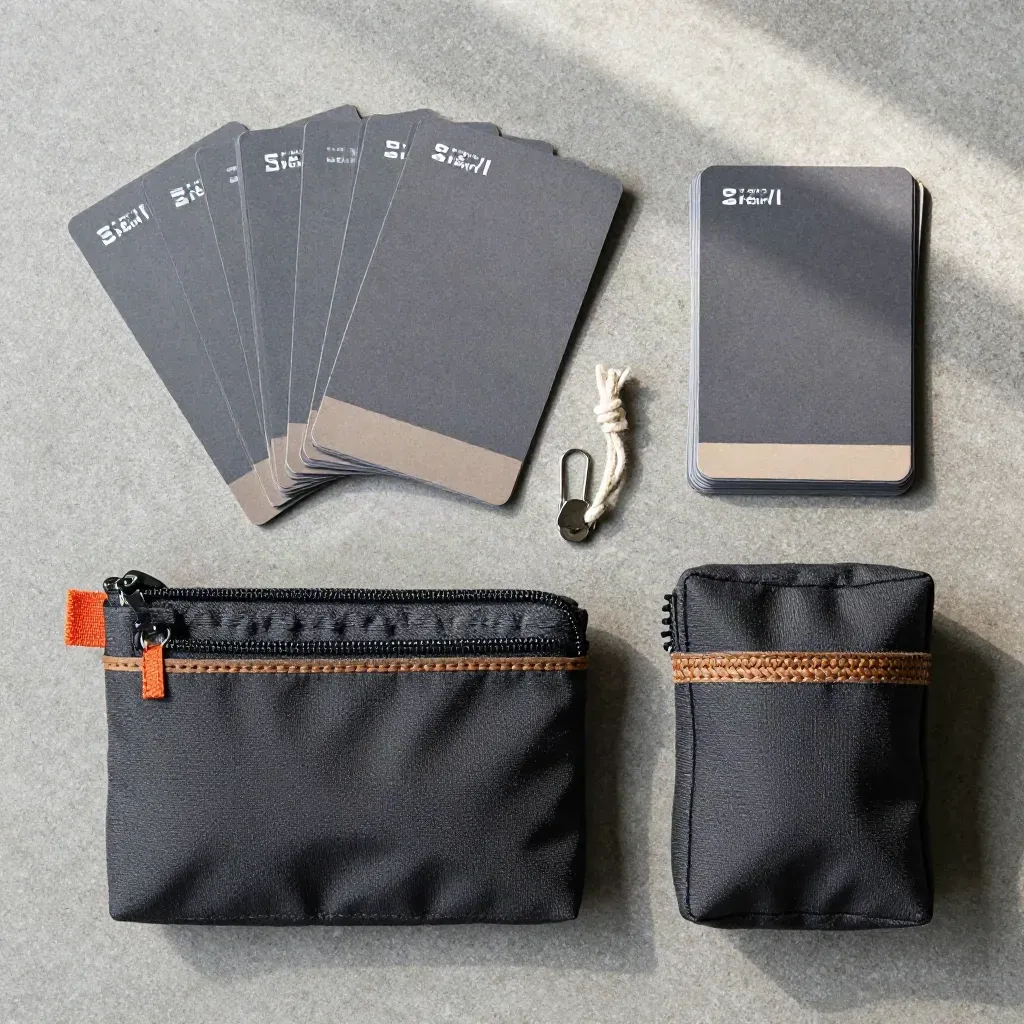 Overhead flatlay of watchlist cards, tag clips, twine loop, and two compact gear pouches on stone.