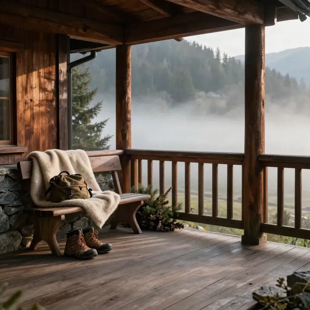 Misty alpine porch with cedar, wool, boots and open valley haze beyond the rail.