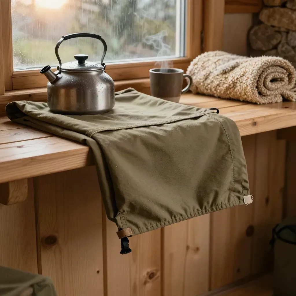 Rainy cabin table with folded canvas, pale oak grain, steam, and a blurred kettle by the window.