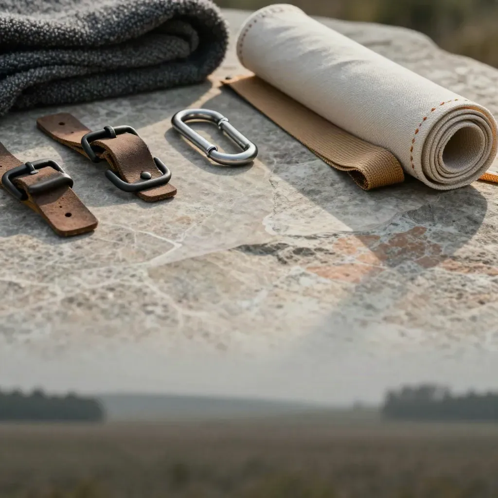 Stone gear flatlay with leather straps, metal hardware and wool textures in soft haze.