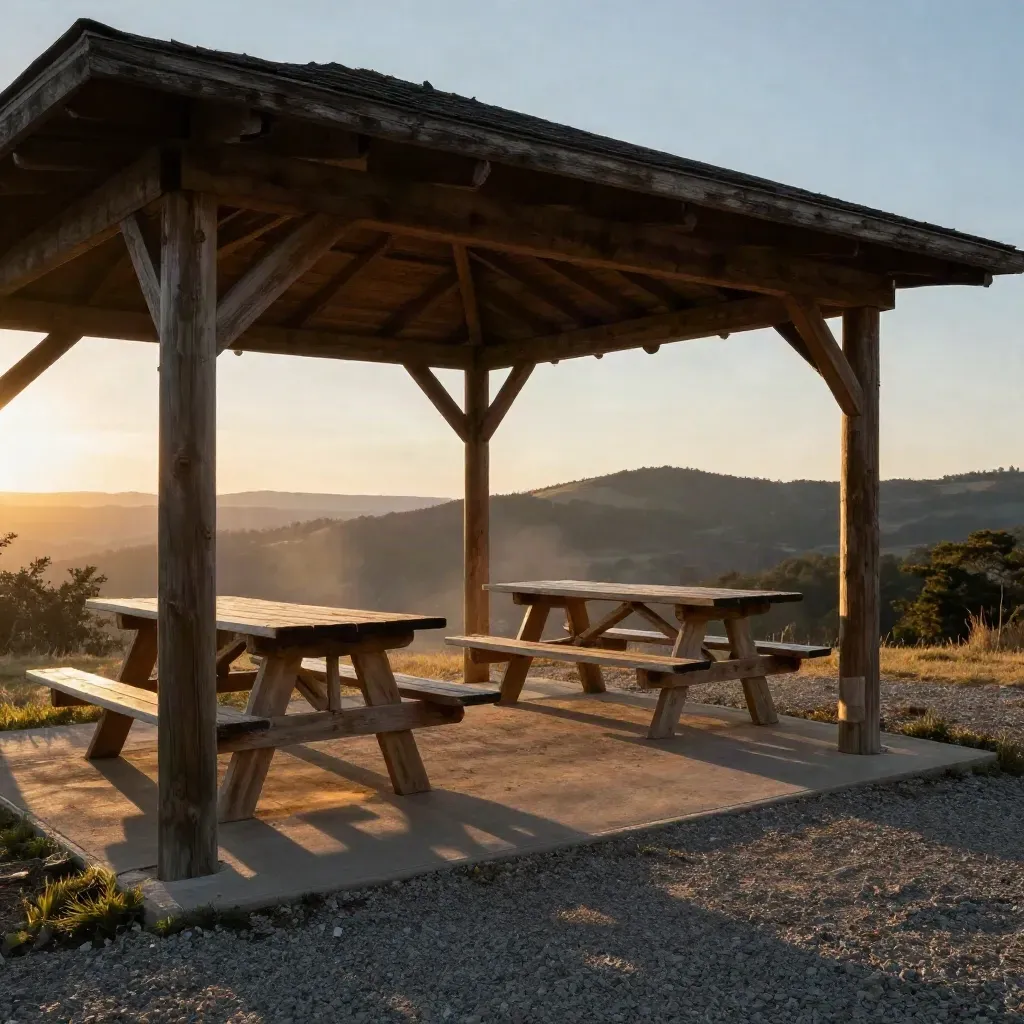 Empty trailhead pavilion in golden light with picnic tables and distant ridge