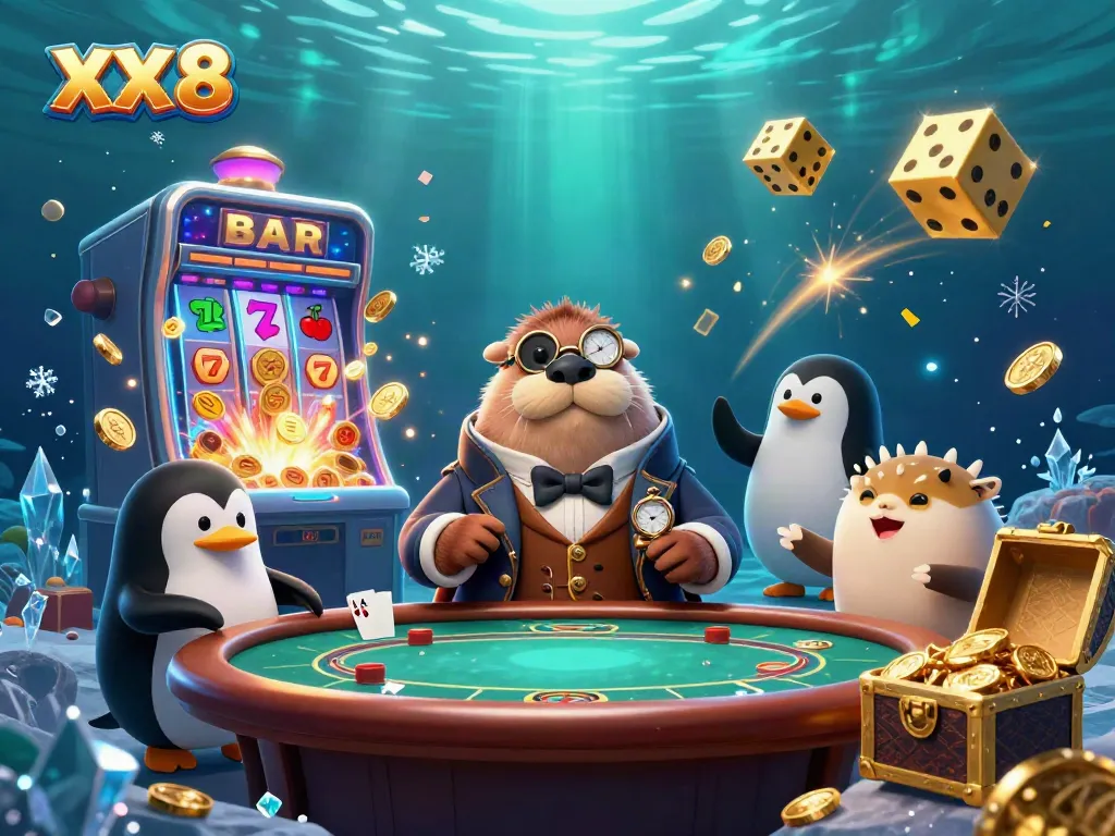Experience thrilling gameplay at XX 8's underwater poker scene with charming characters and dazzling casino elements.