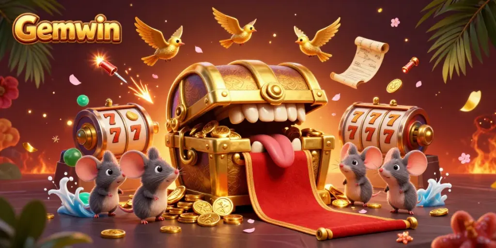 Experience the thrill of Gemwin with a vibrant 3D casino scene featuring a treasure chest and lucky elements.