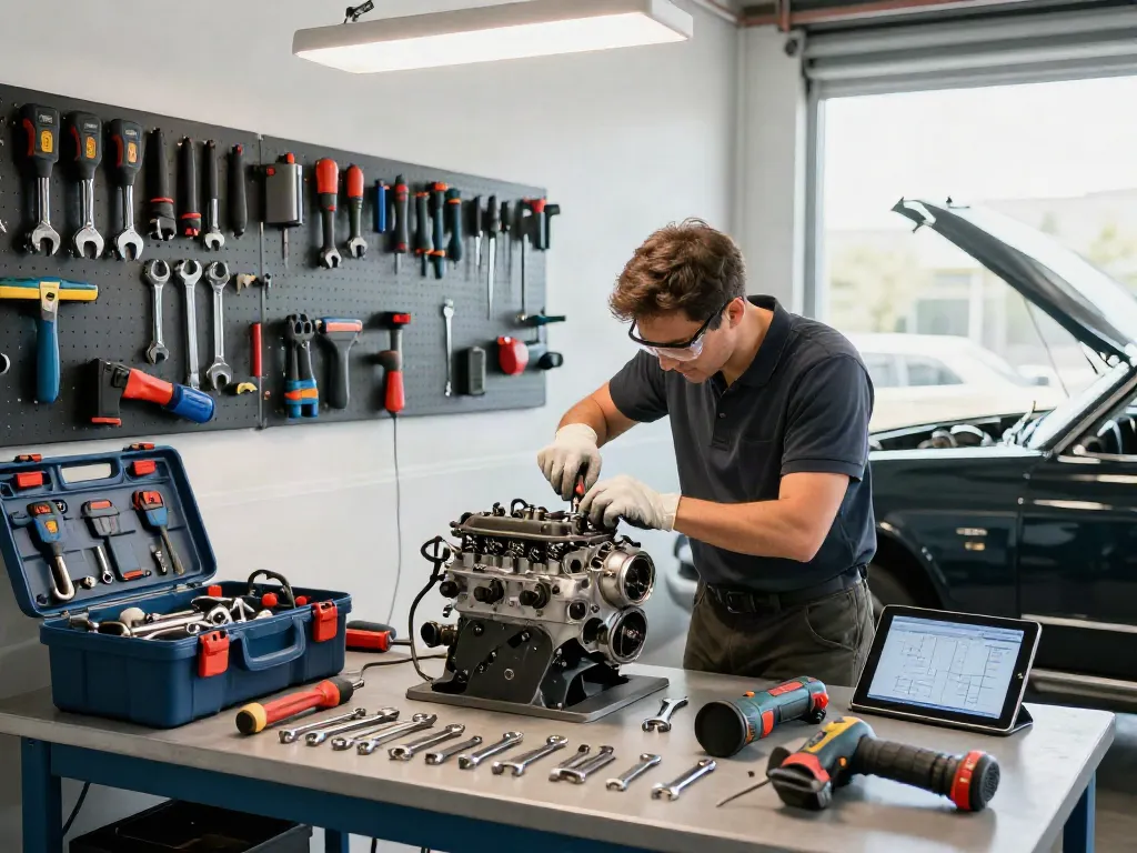 Technician using gedore tools in an organized automotive workshop.