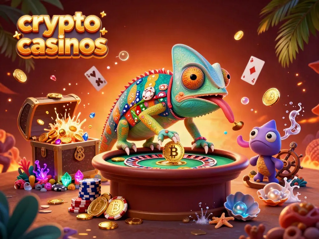 Engage with crypto casinos featuring vibrant chameleon owner and blockchain elements.