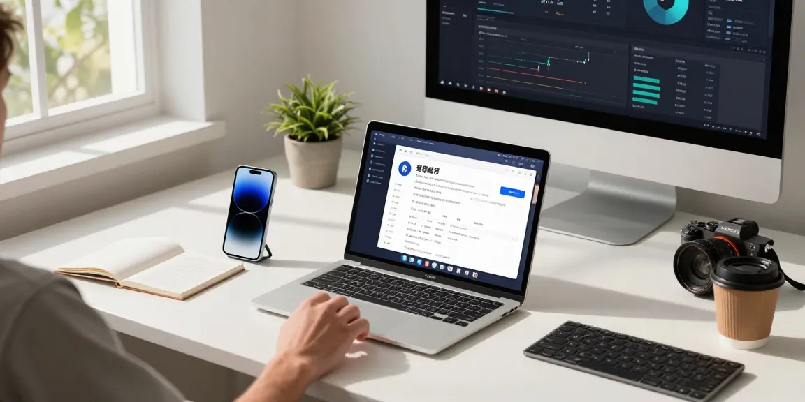 使用爱思助手管理苹果设备的现代工作空间场景，展现高效的设备管理与诊断工具。