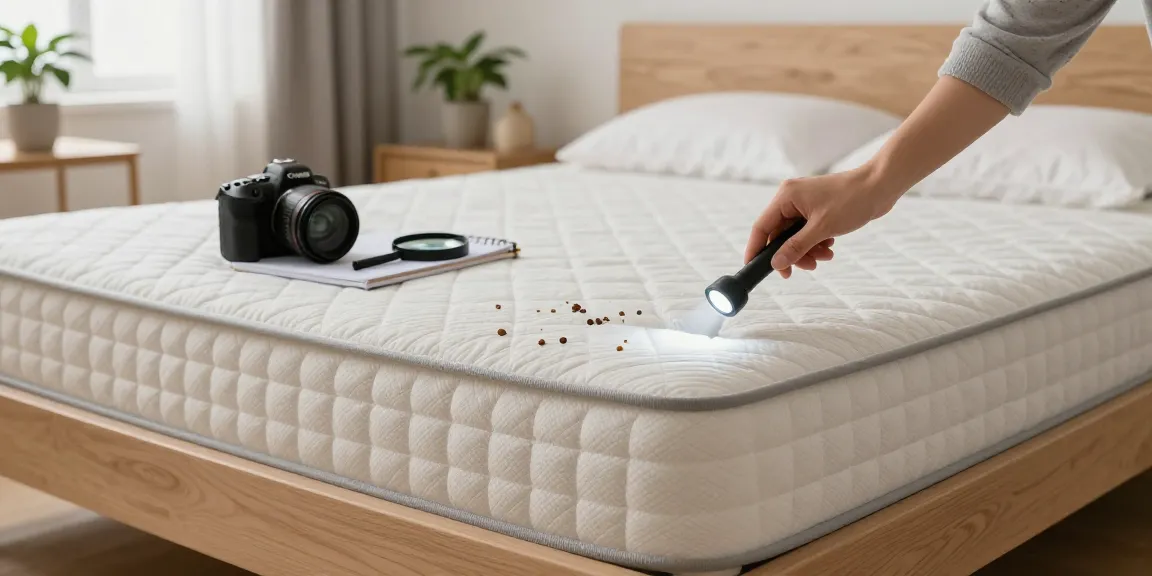 Inspecting for bed bug control in a cozy bedroom setting with soft lighting.