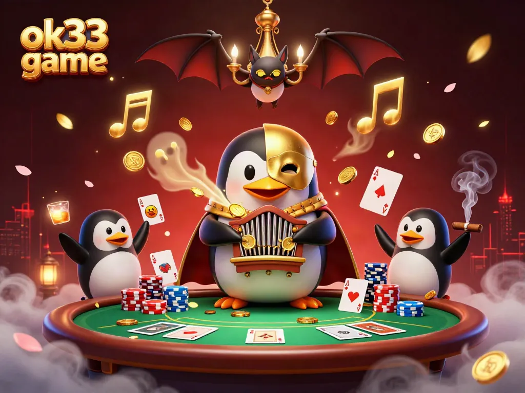 Experience the magic of the ok33 game with a whimsical penguin playing for golden coins at the casino.