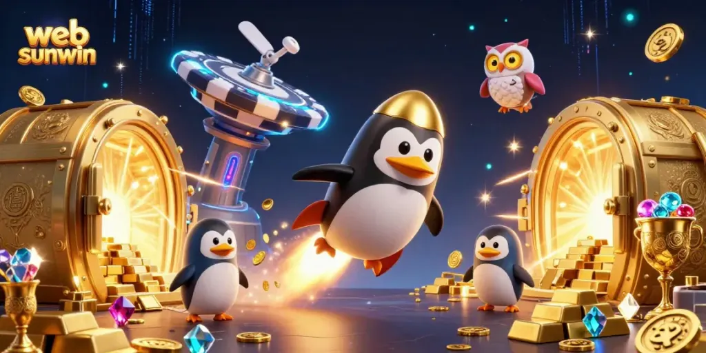 Engage in thrilling gaming with web sunwin, featuring a dazzling 3D penguin and treasure scene.