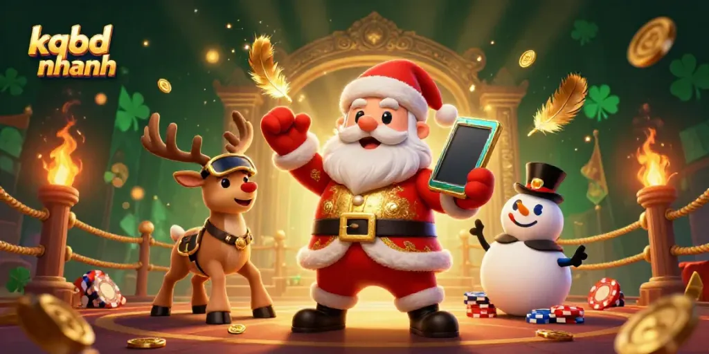 Experience kqbd nhanh in a vibrant casino scene featuring Santa and friends amidst golden treasures.