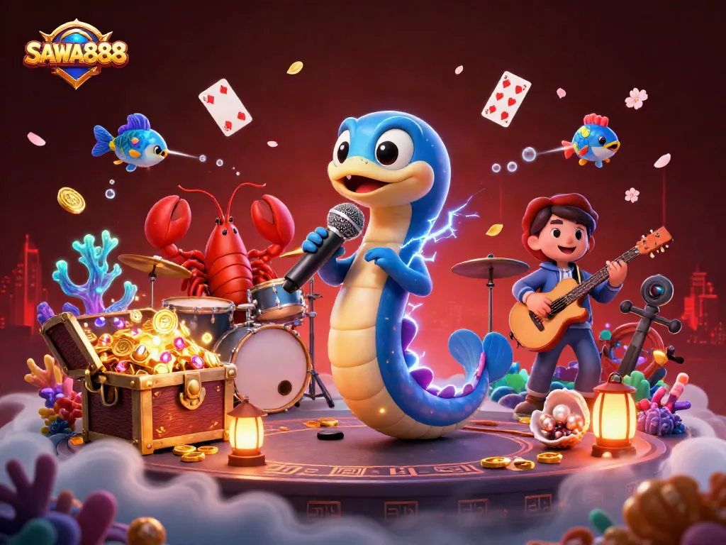 Engage in thrilling underwater gaming with SAWA888's electric eel DJ experience and vibrant casino elements.