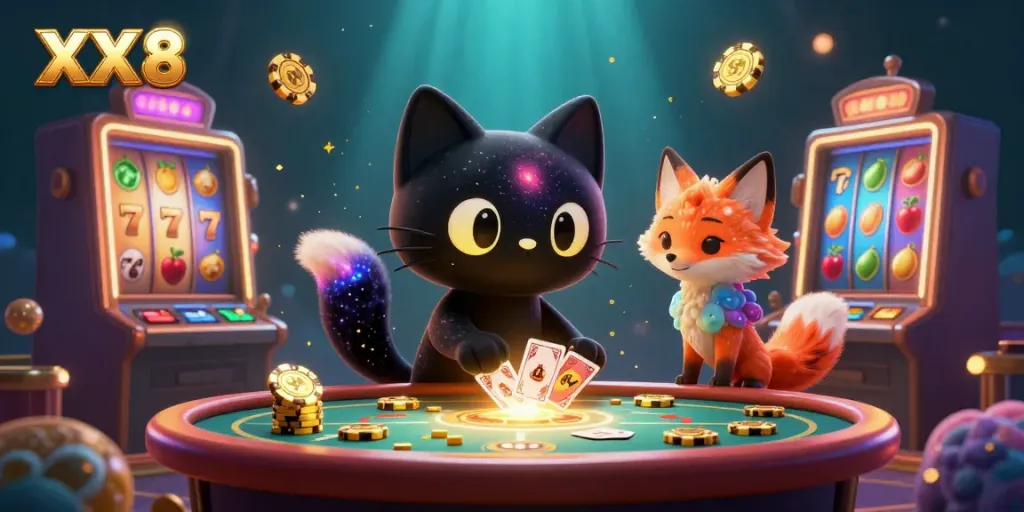 Experience the cosmic thrill of casino gaming with XX 8, where a black hole cat draws in golden chips.