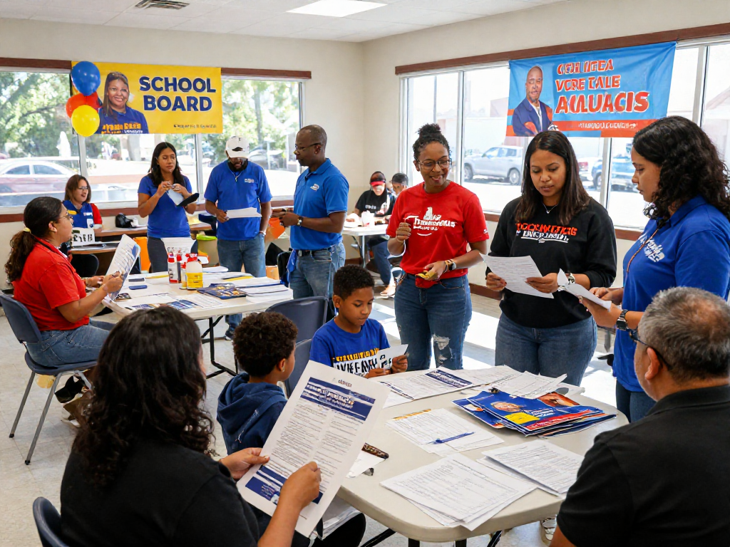 Engaging school board campaign marketing scene with candidates interacting with voters in a community center.