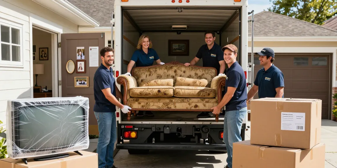 FairPlay Moving team lifting a vintage sofa, showcasing professional moving services.