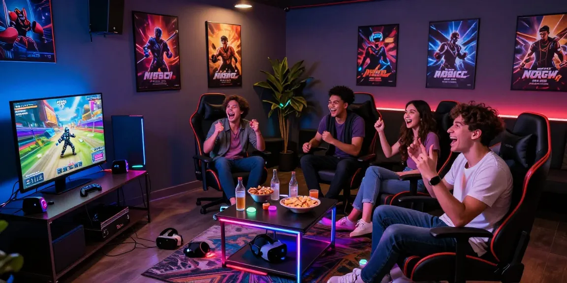 Engaging scene of friends playing nsfw games together in vibrant gaming lounge.
