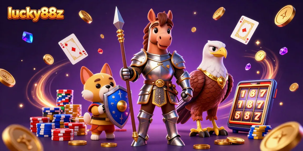 Experience the thrill of lucky88z with a dynamic casino scene featuring a heroic knight and his companions.