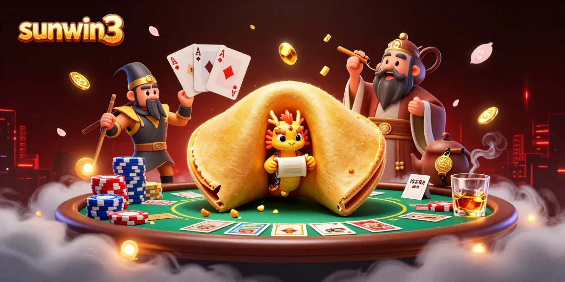 Engage in thrilling games at sunwin3 with a vibrant illustration of a golden fortune cookie revealing a wise dragon.