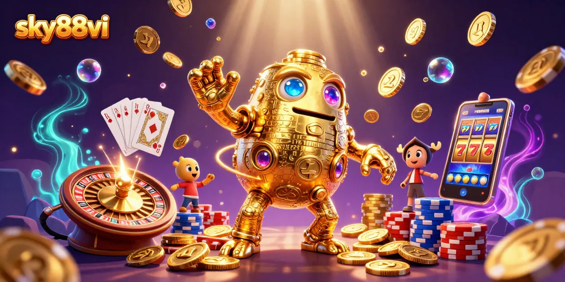 Experience thrilling gameplay with sky88vi's golden golem surrounded by vibrant casino elements.