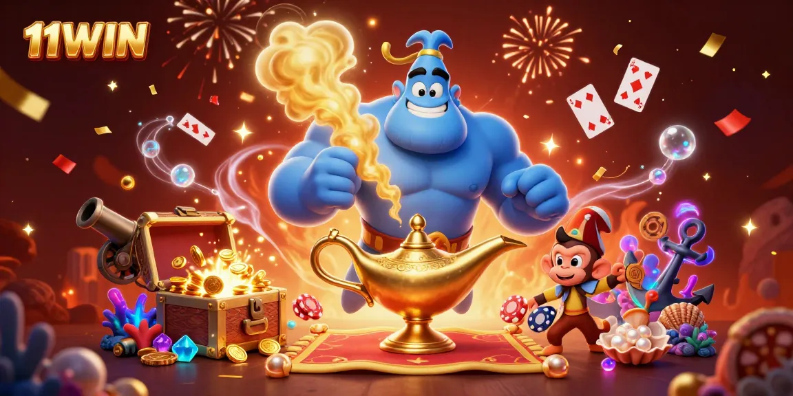 Engage in thrilling gameplay at 11WIN, featuring a vibrant illustration of casino elements and characters.