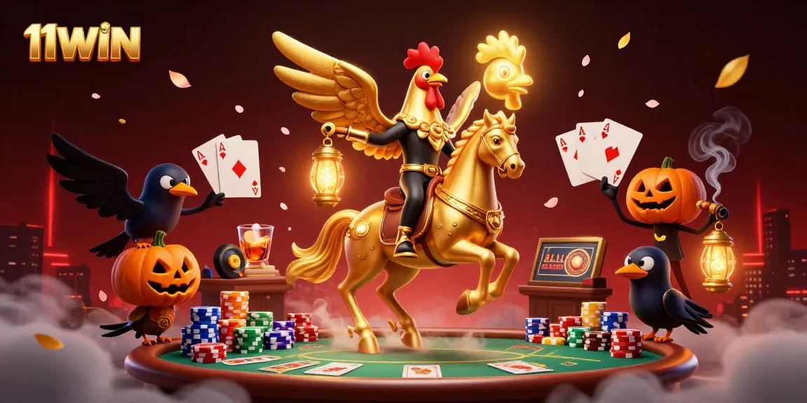 Experience thrilling gameplay at 11WIN with a vibrant casino scene featuring poker elements and mystical lighting.