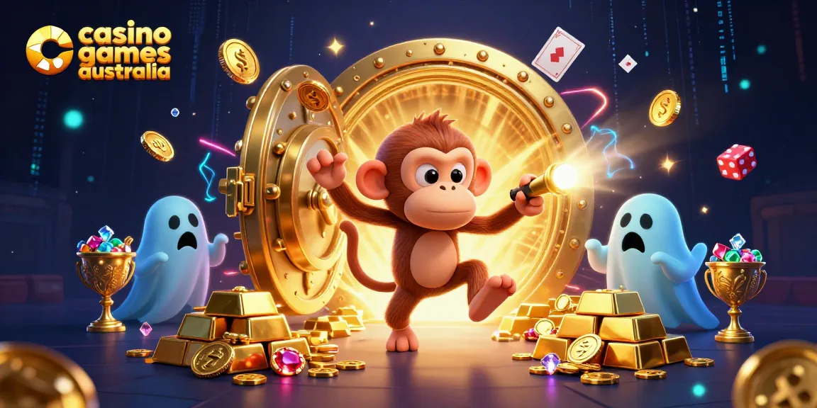 Engaging scene illustrating casino games Australia with a mischievous monkey and a curious puppy in a haunted casino.